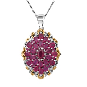 Niassa Ruby (FF) and White Zircon 5.90 ctw Floral Pendant Necklace in Vermeil YG and Rhodium Over Sterling Silver 20 Inches