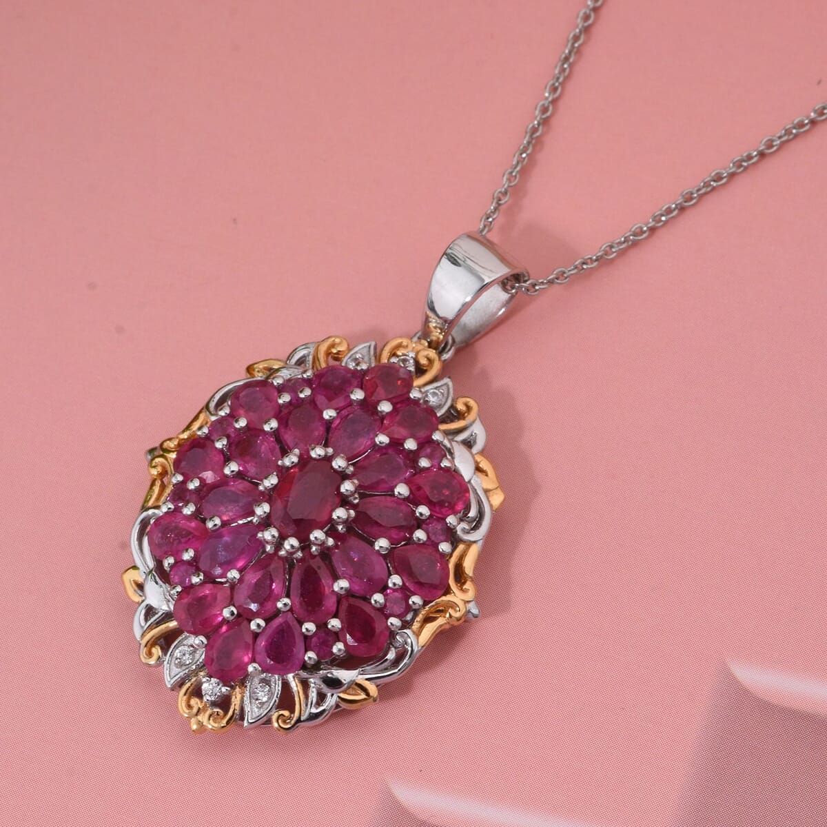 Niassa Ruby (FF) and White Zircon 5.90 ctw Floral Pendant Necklace in Vermeil YG and Rhodium Over Sterling Silver 20 Inches image number 1