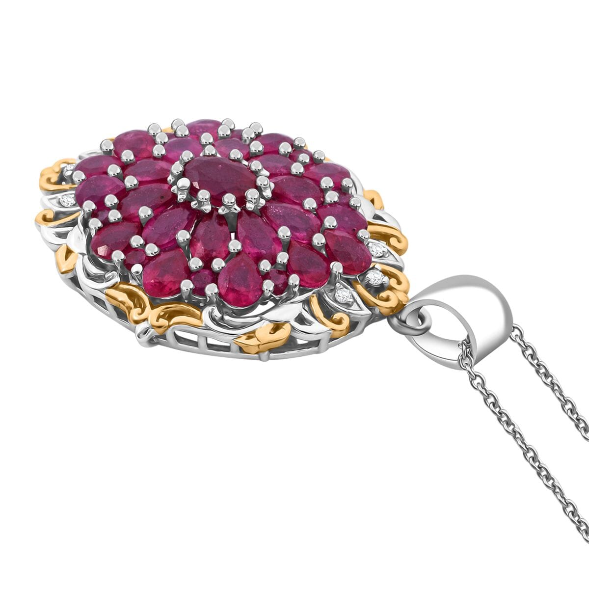 Niassa Ruby (FF) and White Zircon 5.90 ctw Floral Pendant Necklace in Vermeil YG and Rhodium Over Sterling Silver 20 Inches image number 3