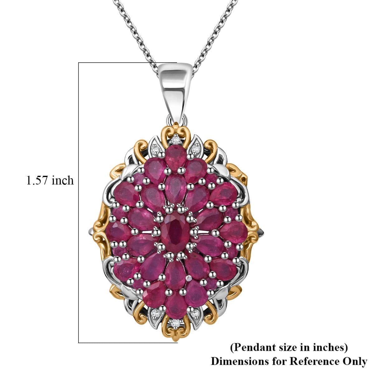 Niassa Ruby (FF) and White Zircon 5.90 ctw Floral Pendant Necklace in Vermeil YG and Rhodium Over Sterling Silver 20 Inches image number 5