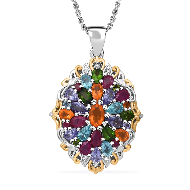 Multi Gemstone 4.65 ctw Floral Pendant Necklace in Vermeil YG and Rhodium Over Sterling Silver 20 Inches