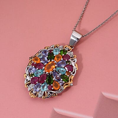 Multi Gemstone 4.65 ctw Floral Pendant Necklace in Vermeil YG and Rhodium Over Sterling Silver 20 Inches