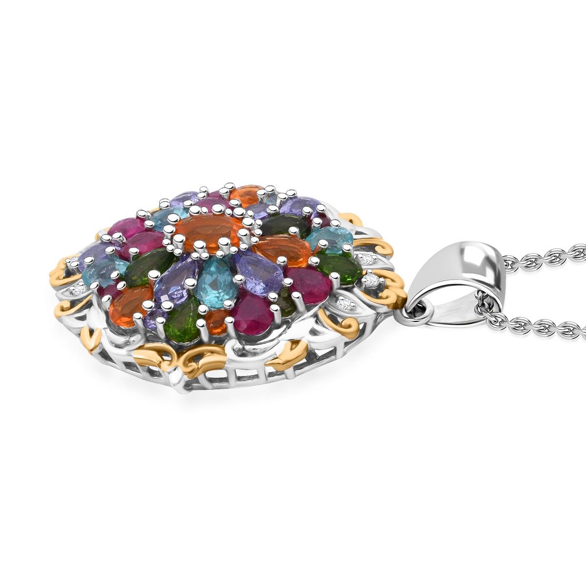 Multi Gemstone 4.65 ctw Floral Pendant Necklace in Vermeil YG and Rhodium Over Sterling Silver 20 Inches image number 3