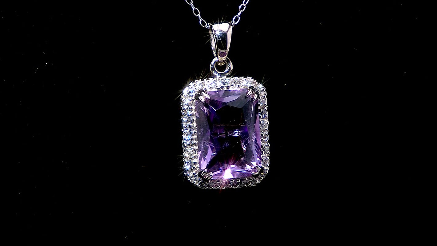 AAA Rose De France Amethyst and White Zircon 7.20 ctw Pendant Necklace in Rhodium Over Sterling Silver 20 Inches