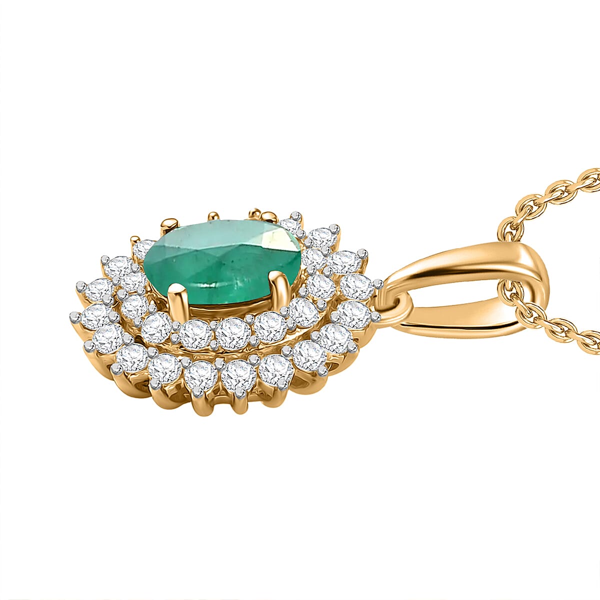 Kagem Zambian Emerald and Diamond 1.30 ctw Pendant Necklace (20 Inches) in 18K Vermeil Yellow Gold Over Sterling Silver (Del. in 10-12 Days) image number 2