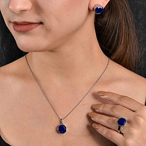 Lapis Lazuli Ring (Size 8.0), 26.60 ctw Earrings and Pendant without Chain in Stainless Steel