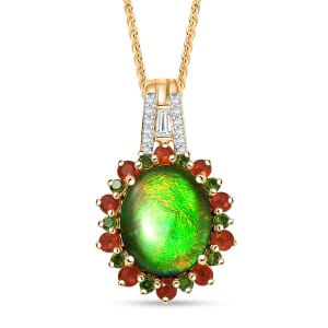 Premium Ammolite and Multi Gemstone 3.20 ctw Floral Pendant Necklace in 18K Vermeil Yellow Gold Over Sterling Silver 20 Inches 