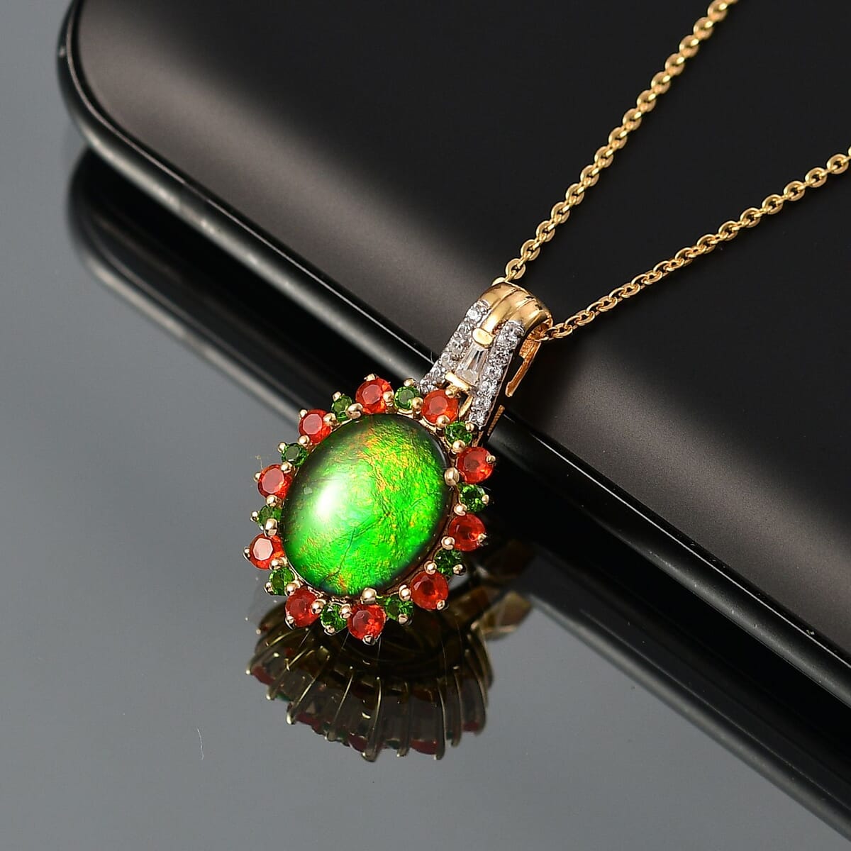 Premium Ammolite and Multi Gemstone 3.20 ctw Floral Pendant Necklace in 18K Vermeil Yellow Gold Over Sterling Silver 20 Inches  image number 1