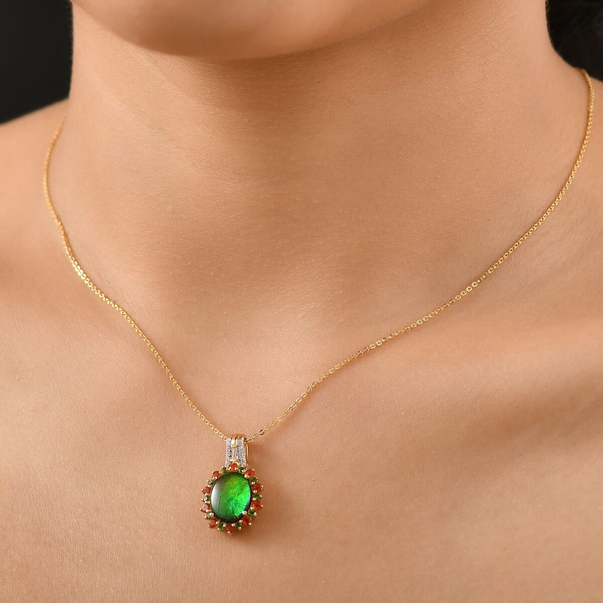 Premium Ammolite and Multi Gemstone 3.20 ctw Floral Pendant Necklace in 18K Vermeil Yellow Gold Over Sterling Silver 20 Inches  image number 2