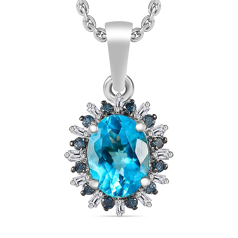 Luxoro AAA Paraiba Apatite, Blue Diamond and I2 Diamond 1.38 ctw Pendant Necklace in 10K White Gold 20 Inches