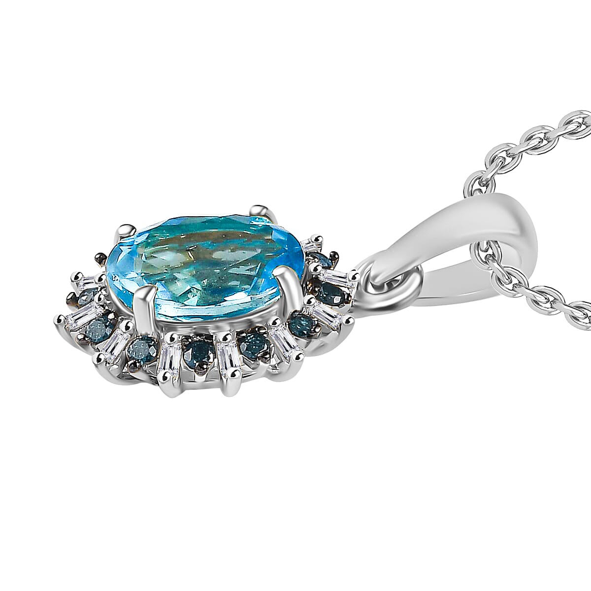 Luxoro AAA Paraiba Apatite, Blue Diamond and I2 Diamond 1.38 ctw Pendant Necklace in 10K White Gold 20 Inches image number 2