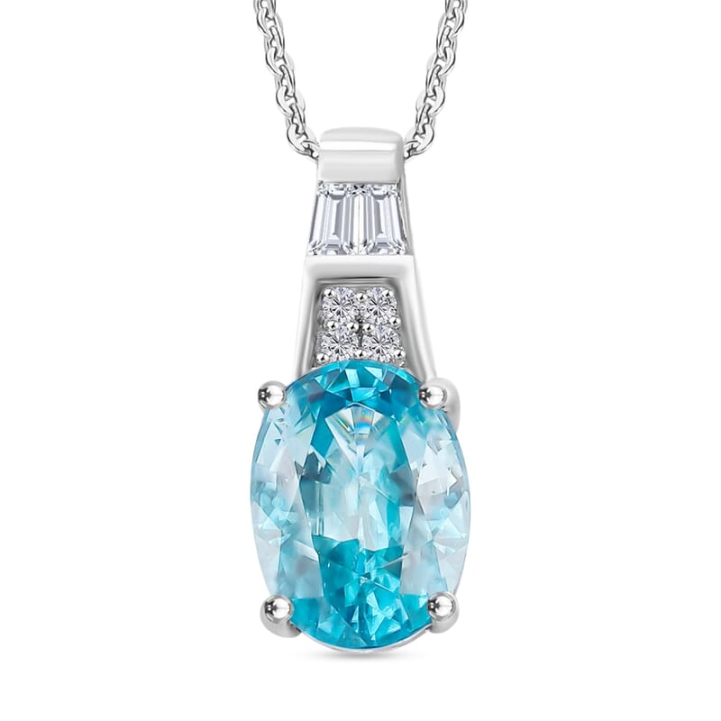 D'Joy Cambodian Blue Zircon and White Zircon 3.30 ctw Pendant Necklace in Rhodium Over Sterling Silver (20 Inches)