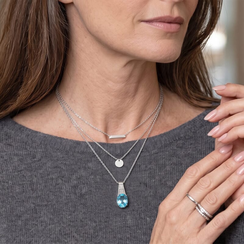 D'Joy Cambodian Blue Zircon and White Zircon 3.30 ctw Pendant Necklace in Rhodium Over Sterling Silver (20 Inches)