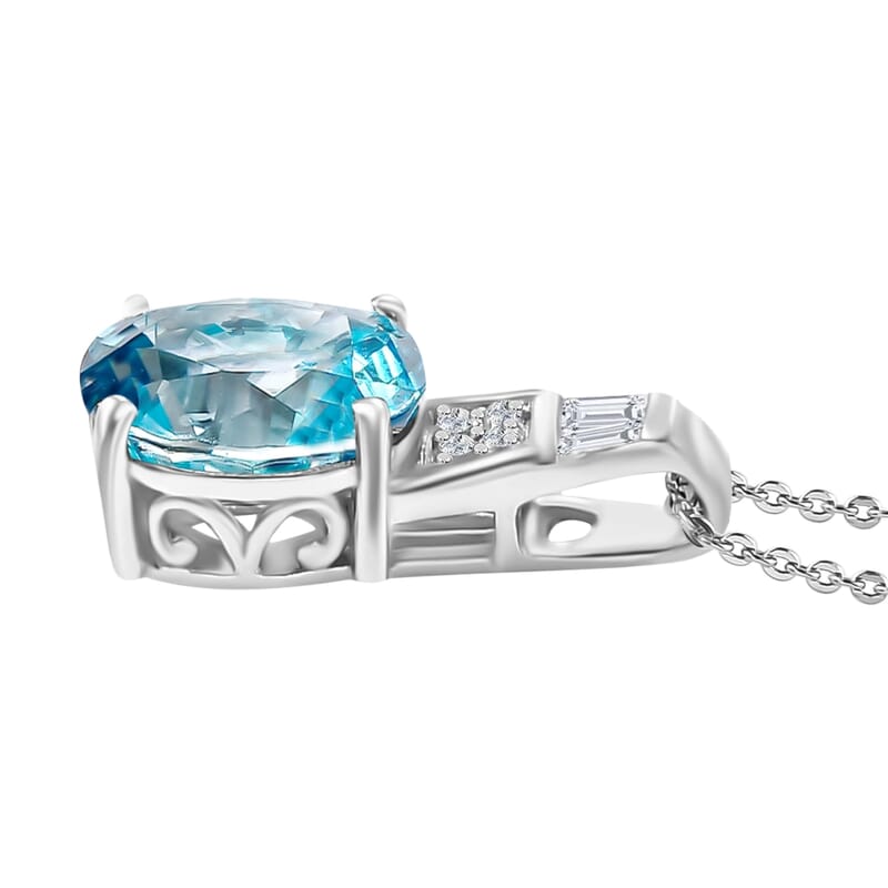 D'Joy Cambodian Blue Zircon and White Zircon 3.30 ctw Pendant Necklace in Rhodium Over Sterling Silver (20 Inches)