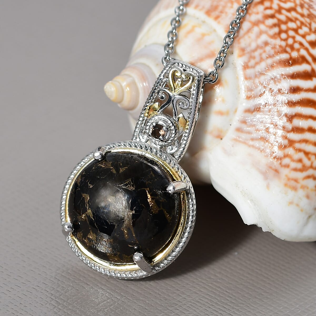 Matrix Silver Shungite, Brazilian Smoky Quartz Pendant in 14K YG and Platinum Over Copper with Stainless Steel Necklace (20 Inches) 8.85 ctw image number 1