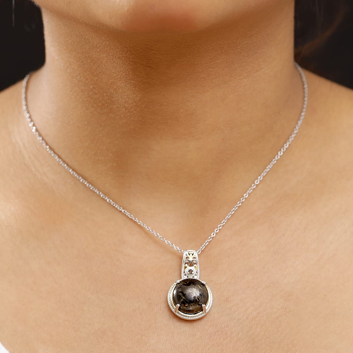 Matrix Silver Shungite, Brazilian Smoky Quartz Pendant in 14K YG and Platinum Over Copper with Stainless Steel Necklace (20 Inches) 8.85 ctw image number 2