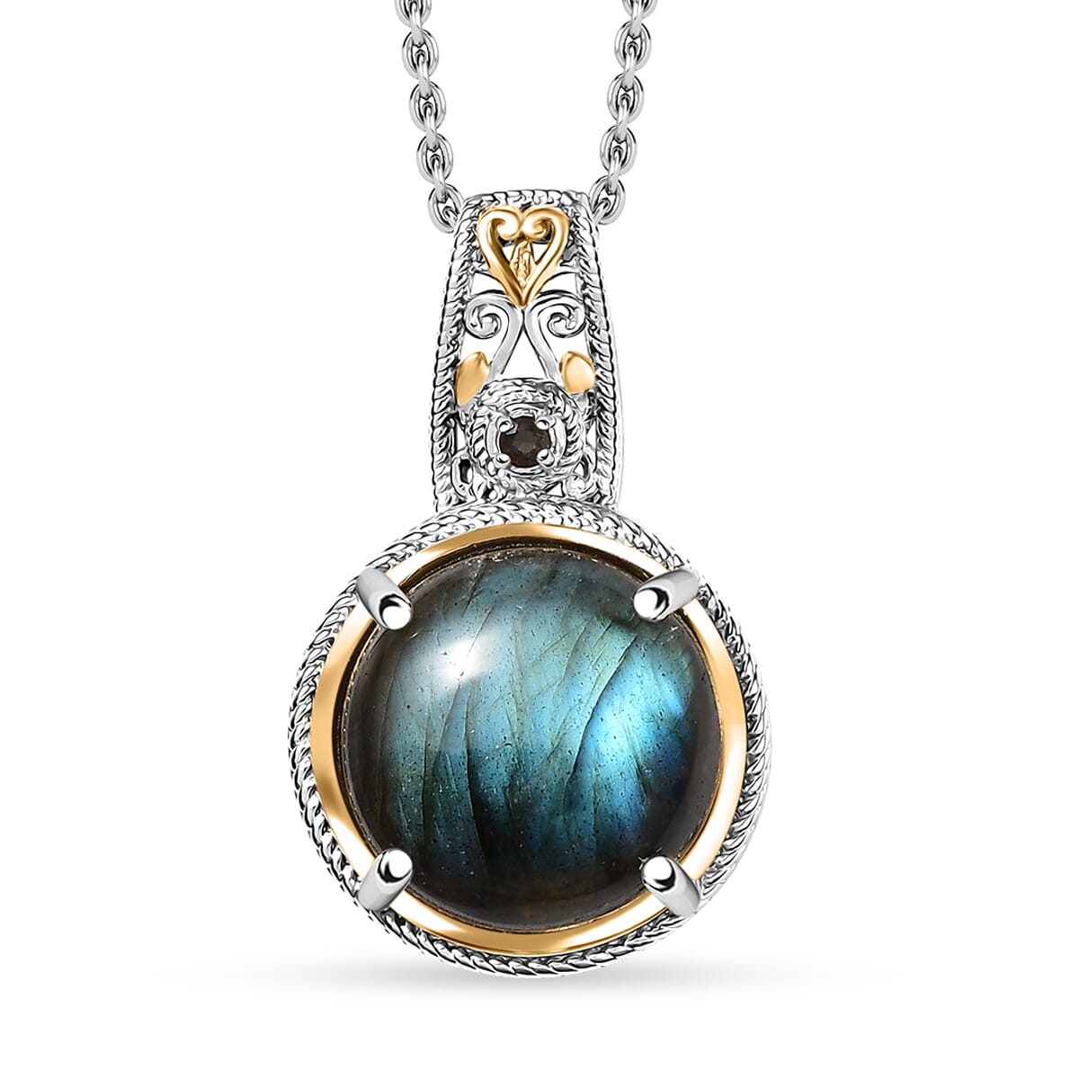 Malagasy Labradorite and Brazilian Smoky Quartz 15.15 ctw Pendant in 14K YG and Platinum Over Copper with Magnet and Stainless Steel Necklace (20 Inches) image number 0