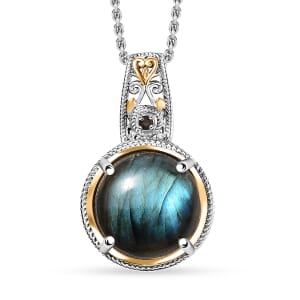 Malagasy Labradorite and Brazilian Smoky Quartz 15.15 ctw Pendant in 14K YG and Platinum Over Copper with Magnet and Stainless Steel Necklace (20 Inches)