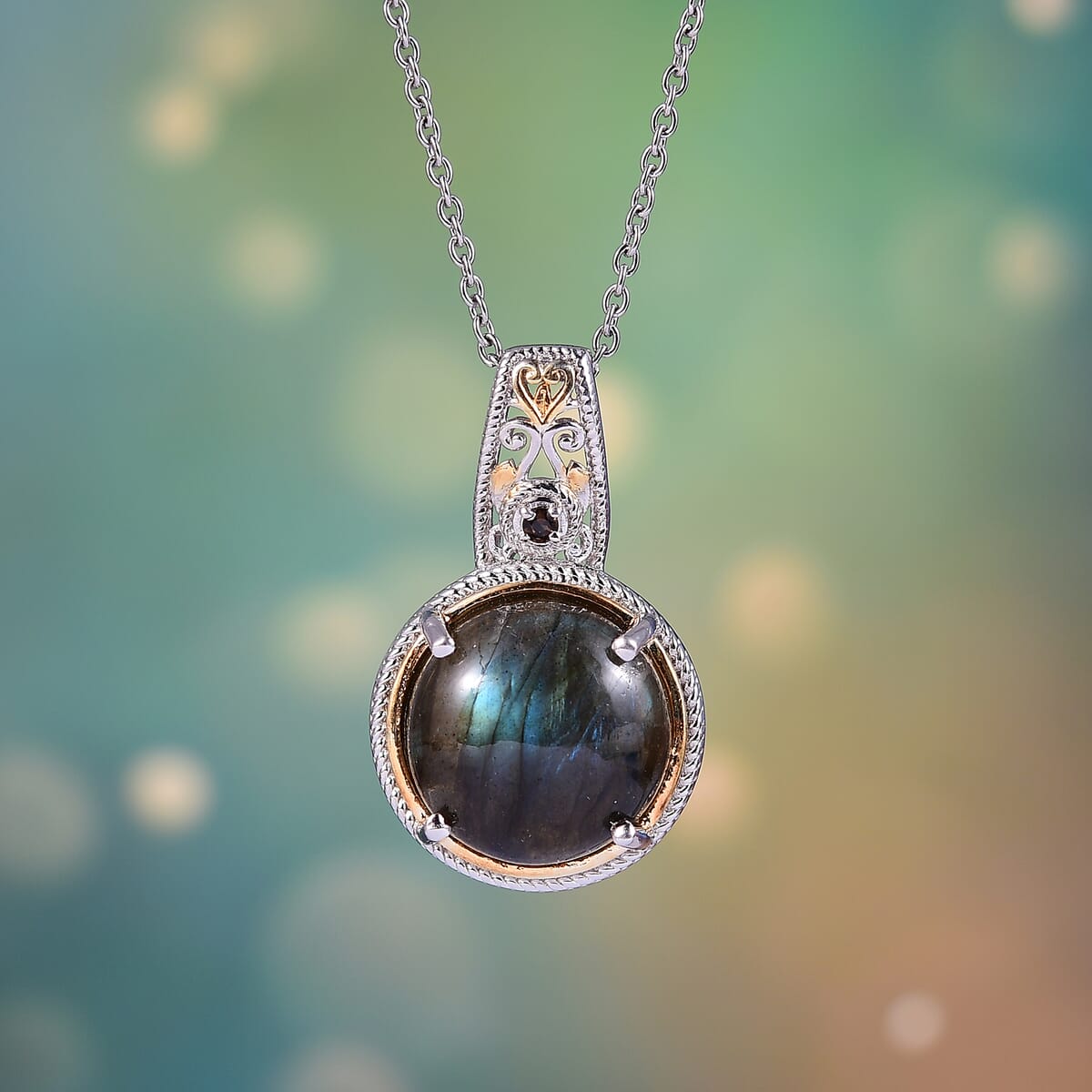 Malagasy Labradorite and Brazilian Smoky Quartz 15.15 ctw Pendant in 14K YG and Platinum Over Copper with Magnet and Stainless Steel Necklace (20 Inches) image number 1