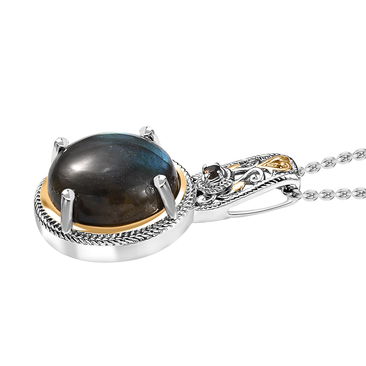 Malagasy Labradorite and Brazilian Smoky Quartz 15.15 ctw Pendant in 14K YG and Platinum Over Copper with Magnet and Stainless Steel Necklace (20 Inches) image number 3
