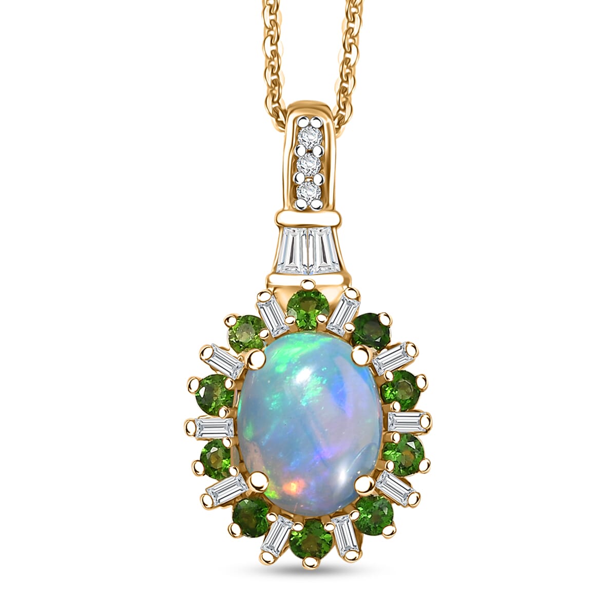 D'Joy Premium Ethiopian Welo Opal and Multi Gemstone 2.00 ctw Sunburst Pendant Necklace in 18K Vermeil Yellow Gold Over Sterling Silver 20 Inches image number 0