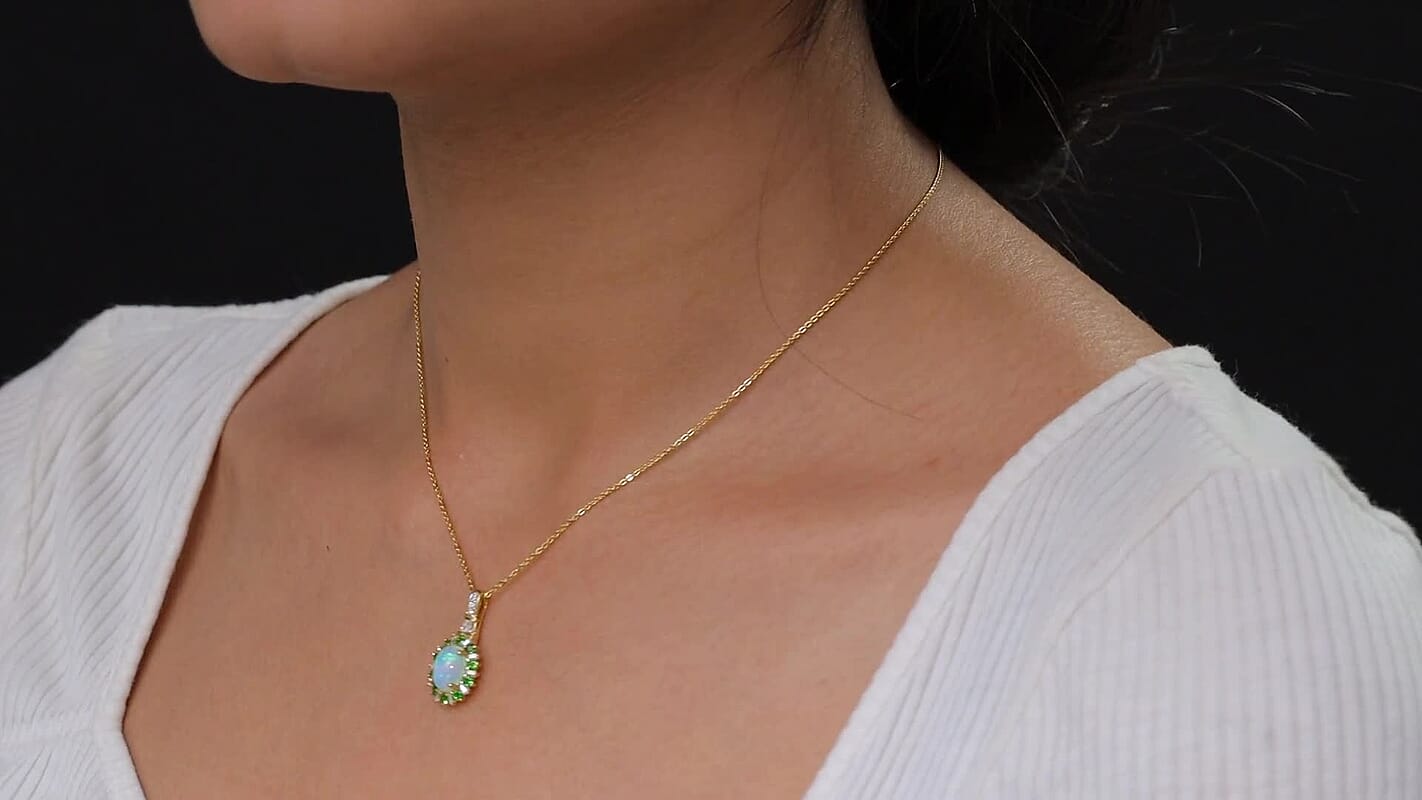 D'Joy Premium Ethiopian Welo Opal and Multi Gemstone 2.00 ctw Dahlia Flower Pendant Necklace in 18K Vermeil Yellow Gold Over Sterling Silver 20 Inches