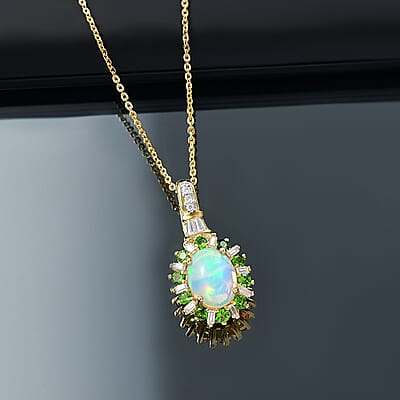 D'Joy Premium Ethiopian Welo Opal and Multi Gemstone 2.00 ctw Sunburst Pendant Necklace in 18K Vermeil Yellow Gold Over Sterling Silver 20 Inches