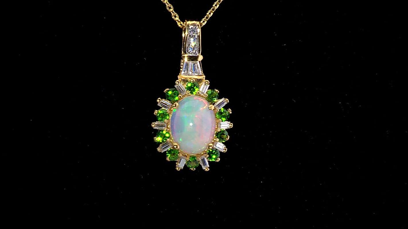 D'Joy Premium Ethiopian Welo Opal and Multi Gemstone 2.00 ctw Dahlia Flower Pendant Necklace in 18K Vermeil Yellow Gold Over Sterling Silver 20 Inches