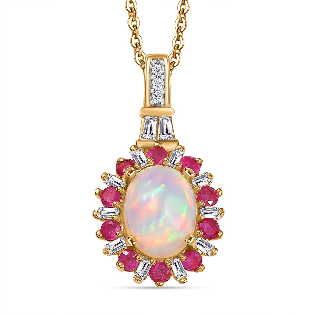 D'Joy Premium Ethiopian Welo Opal and Multi Gemstone 2.00 ctw Sunburst Pendant Necklace in 18K Vermeil Yellow Gold Over Sterling Silver 20 Inches image number 0