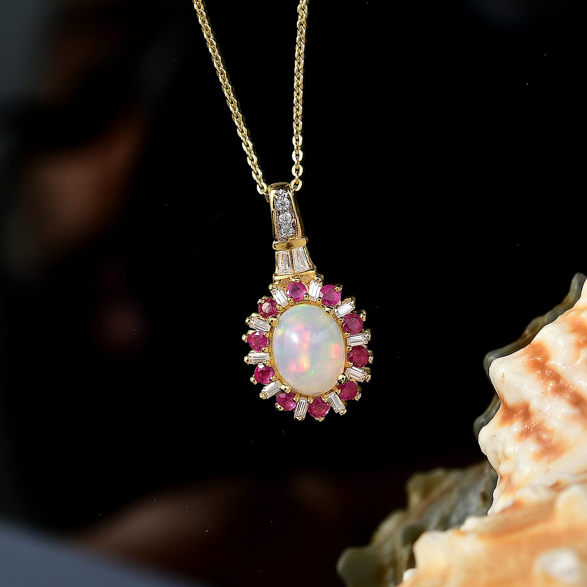 D'Joy Premium Ethiopian Welo Opal and Multi Gemstone 2.00 ctw Sunburst Pendant Necklace in 18K Vermeil Yellow Gold Over Sterling Silver 20 Inches image number 1