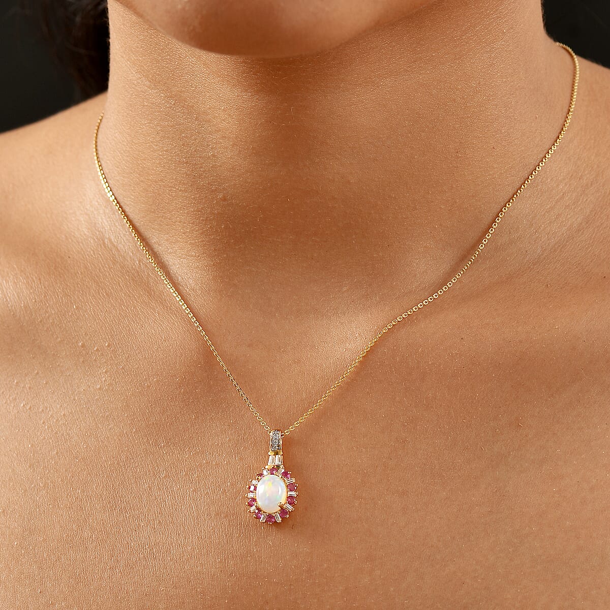 D'Joy Premium Ethiopian Welo Opal and Multi Gemstone 2.00 ctw Sunburst Pendant Necklace in 18K Vermeil Yellow Gold Over Sterling Silver 20 Inches image number 2
