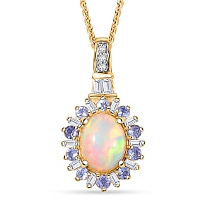 D'Joy Premium Ethiopian Welo Opal and Multi Gemstone 2.00 ctw Sunburst Pendant Necklace in 18K Vermeil Yellow Gold Over Sterling Silver 20 Inches