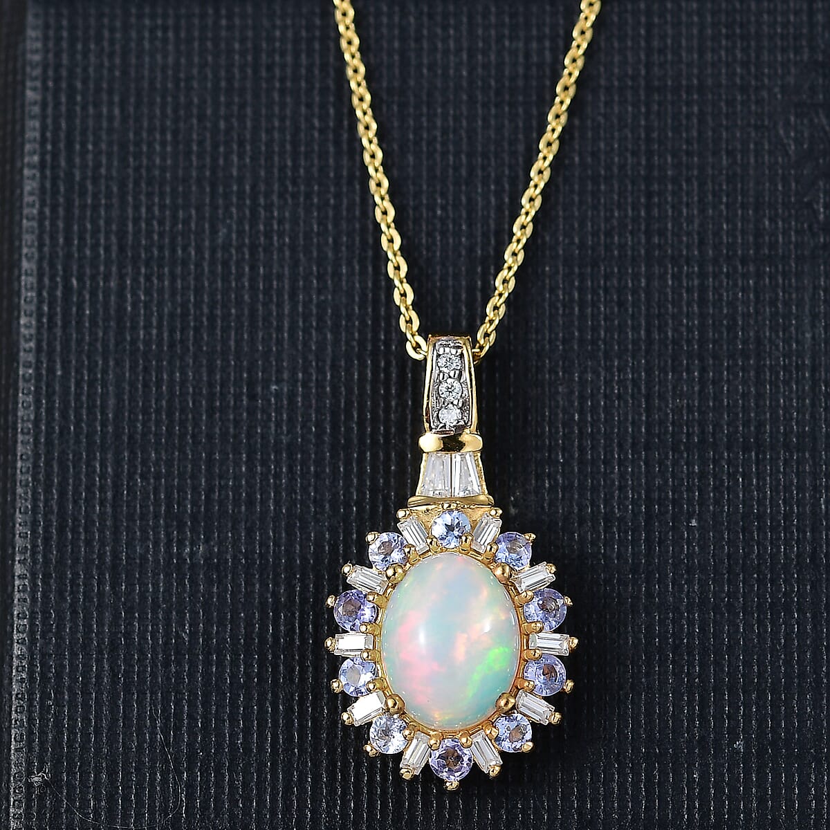 D'Joy Premium Ethiopian Welo Opal and Multi Gemstone 2.00 ctw Sunburst Pendant Necklace in 18K Vermeil Yellow Gold Over Sterling Silver 20 Inches image number 1
