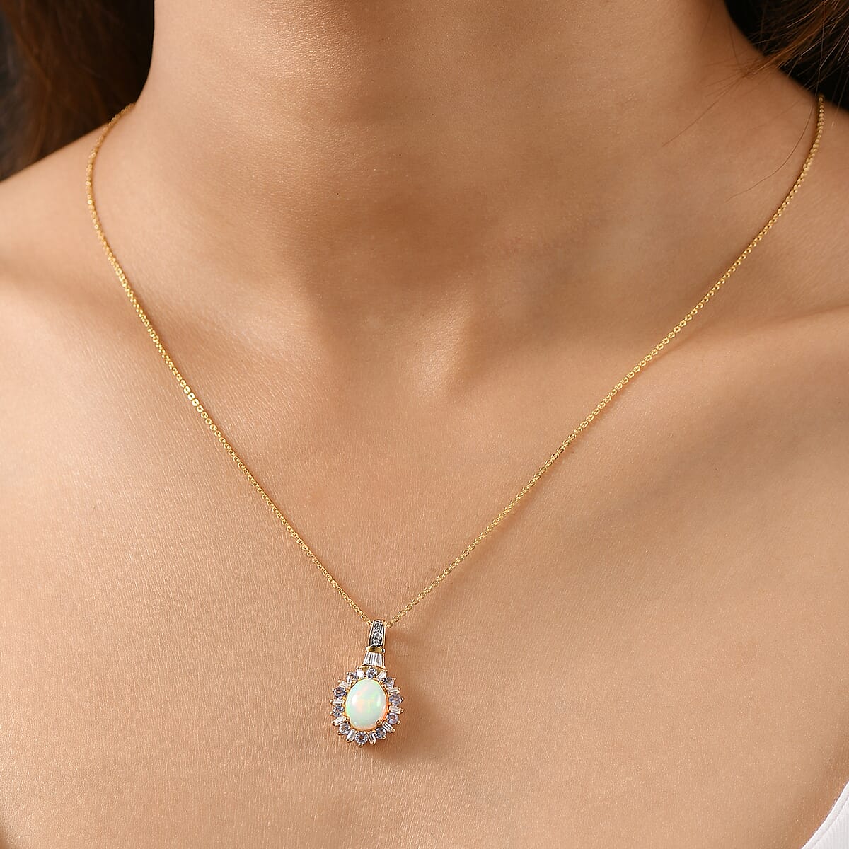 D'Joy Premium Ethiopian Welo Opal and Multi Gemstone 2.00 ctw Sunburst Pendant Necklace in 18K Vermeil Yellow Gold Over Sterling Silver 20 Inches image number 2