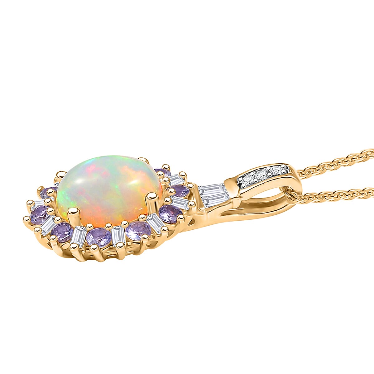 D'Joy Premium Ethiopian Welo Opal and Multi Gemstone 2.00 ctw Sunburst Pendant Necklace in 18K Vermeil Yellow Gold Over Sterling Silver 20 Inches image number 3