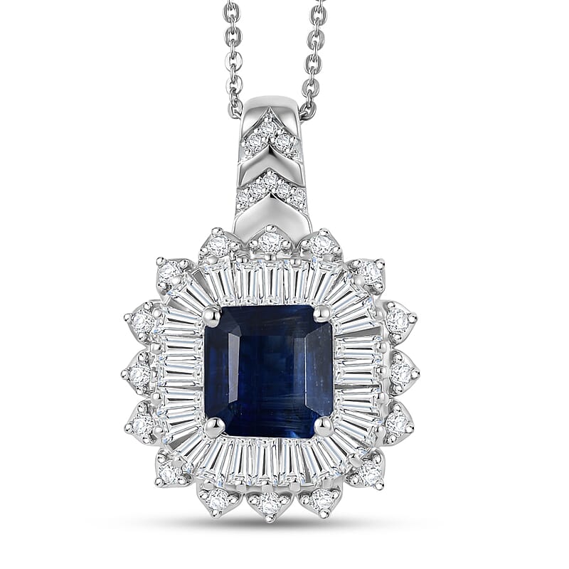 D'Joy Asscher Cut Premium Kashmir Kyanite and Moissanite 4.70 ctw Floral Halo Pendant Necklace in Rhodium Over Sterling Silver 20 Inches