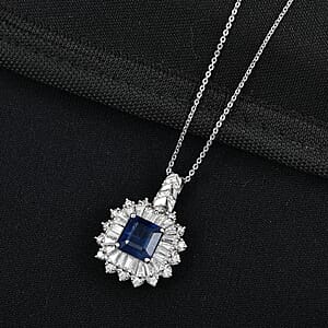 D'Joy Asscher Cut Premium Kashmir Kyanite and Moissanite 4.70 ctw Pendant Necklace in Rhodium Over Sterling Silver 20 Inches