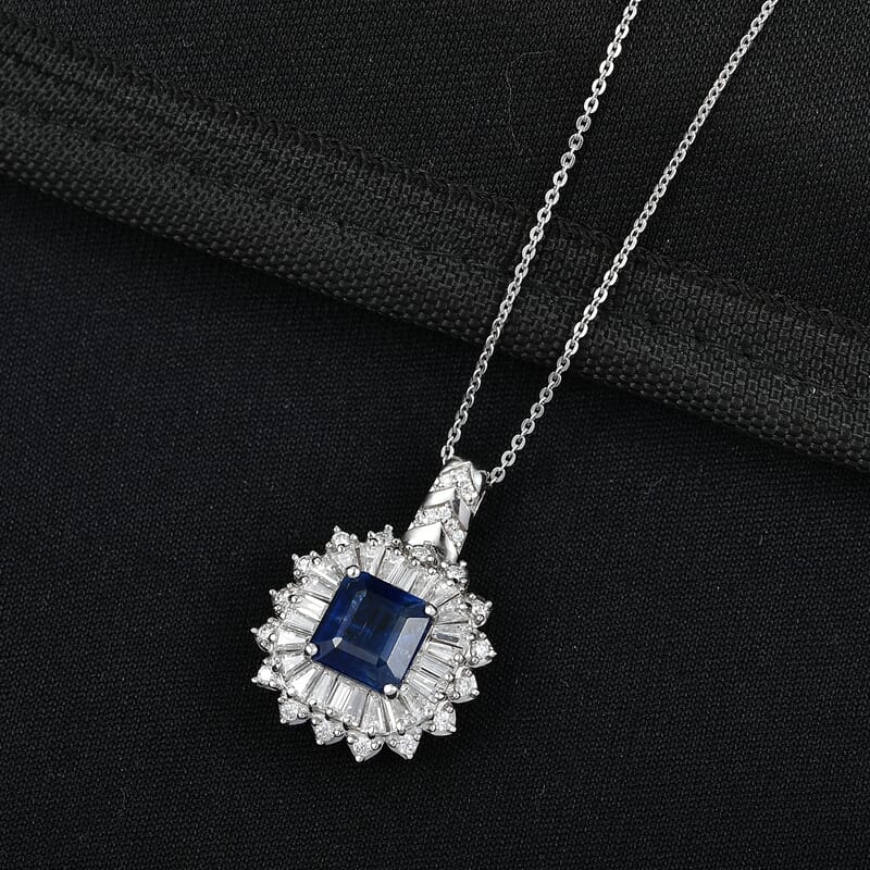 D'Joy Asscher Cut Premium Kashmir Kyanite and Moissanite 4.70 ctw Floral Halo Pendant Necklace in Rhodium Over Sterling Silver 20 Inches