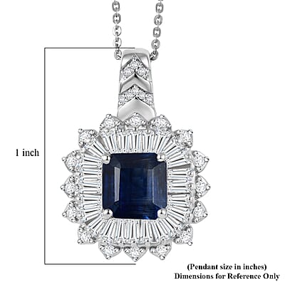 D'Joy Asscher Cut Premium Kashmir Kyanite and Moissanite 4.70 ctw Floral Halo Pendant Necklace in Rhodium Over Sterling Silver 20 Inches