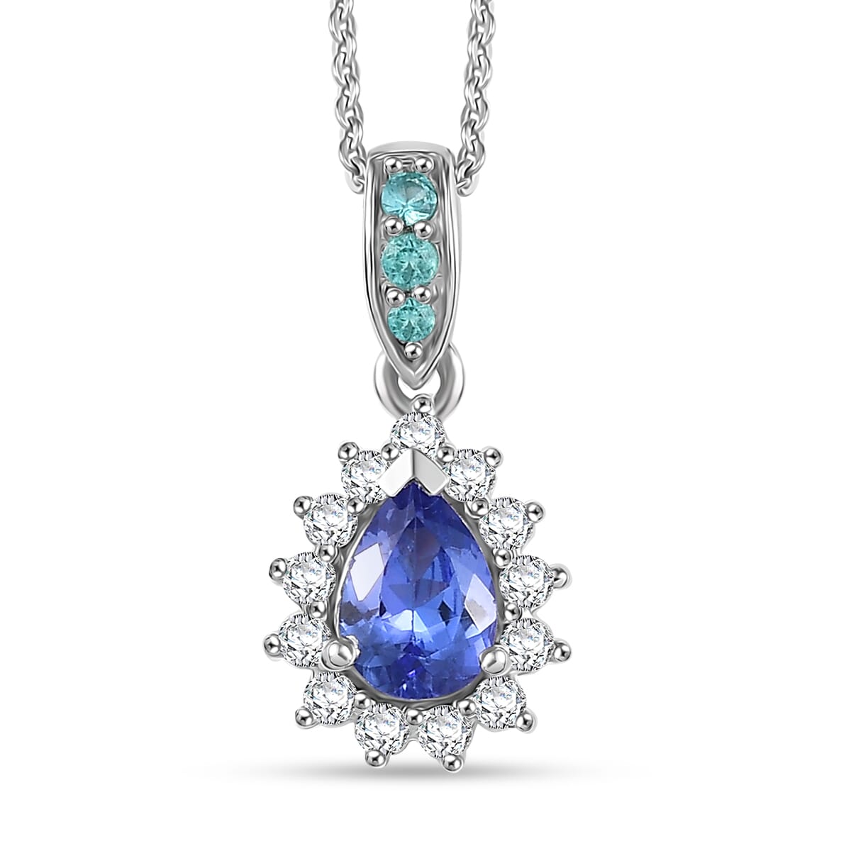 Premium Tanzanite, AAA Paraiba Tourmaline and Diamond 1.10 ctw Celestial Bloom Pendant Necklace in Rhodium Over Sterling Silver 20 Inches image number 0