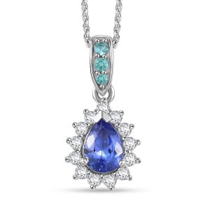 Premium Tanzanite, AAA Paraiba Tourmaline and Diamond 1.10 ctw Celestial Bloom Pendant Necklace in Rhodium Over Sterling Silver 20 Inches