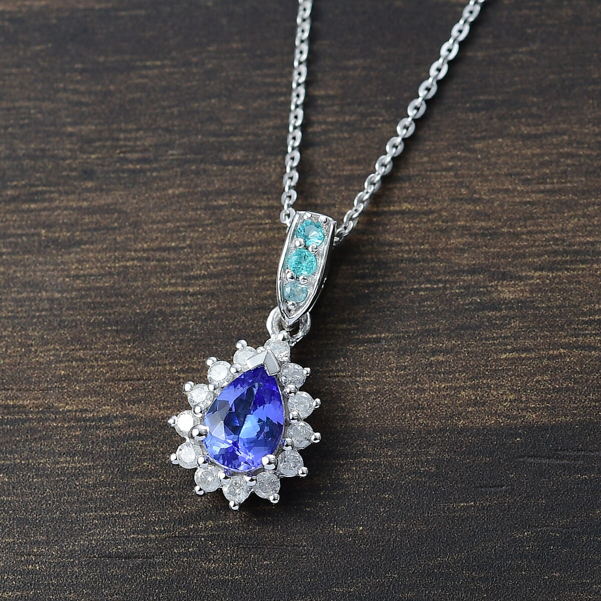 Premium Tanzanite, AAA Paraiba Tourmaline and Diamond 1.10 ctw Celestial Bloom Pendant Necklace in Rhodium Over Sterling Silver 20 Inches image number 1