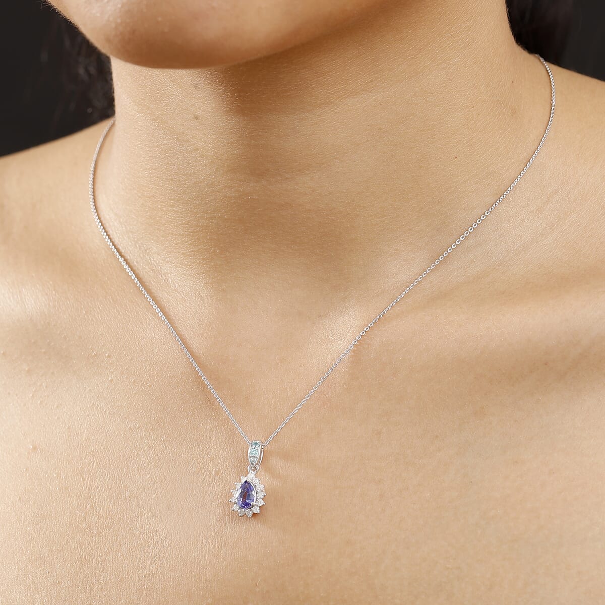 Premium Tanzanite, AAA Paraiba Tourmaline and Diamond 1.10 ctw Celestial Bloom Pendant Necklace in Rhodium Over Sterling Silver 20 Inches image number 2