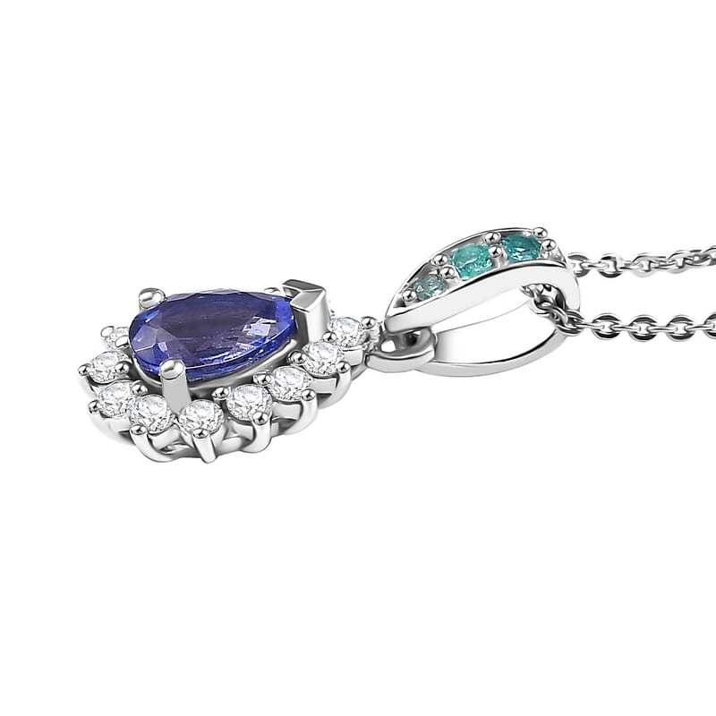 Premium Tanzanite, AAA Paraiba Tourmaline and Diamond 1.10 ctw Celestial Bloom Pendant Necklace in Rhodium Over Sterling Silver 20 Inches