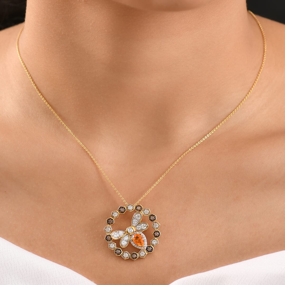 GP Trionfo Collection Jalisco Fire Opal and Multi Gemstone 2.50 ctw Bee Pendant Necklace in 18K Vermeil Yellow Gold Over Sterling Silver 20 Inches image number 2