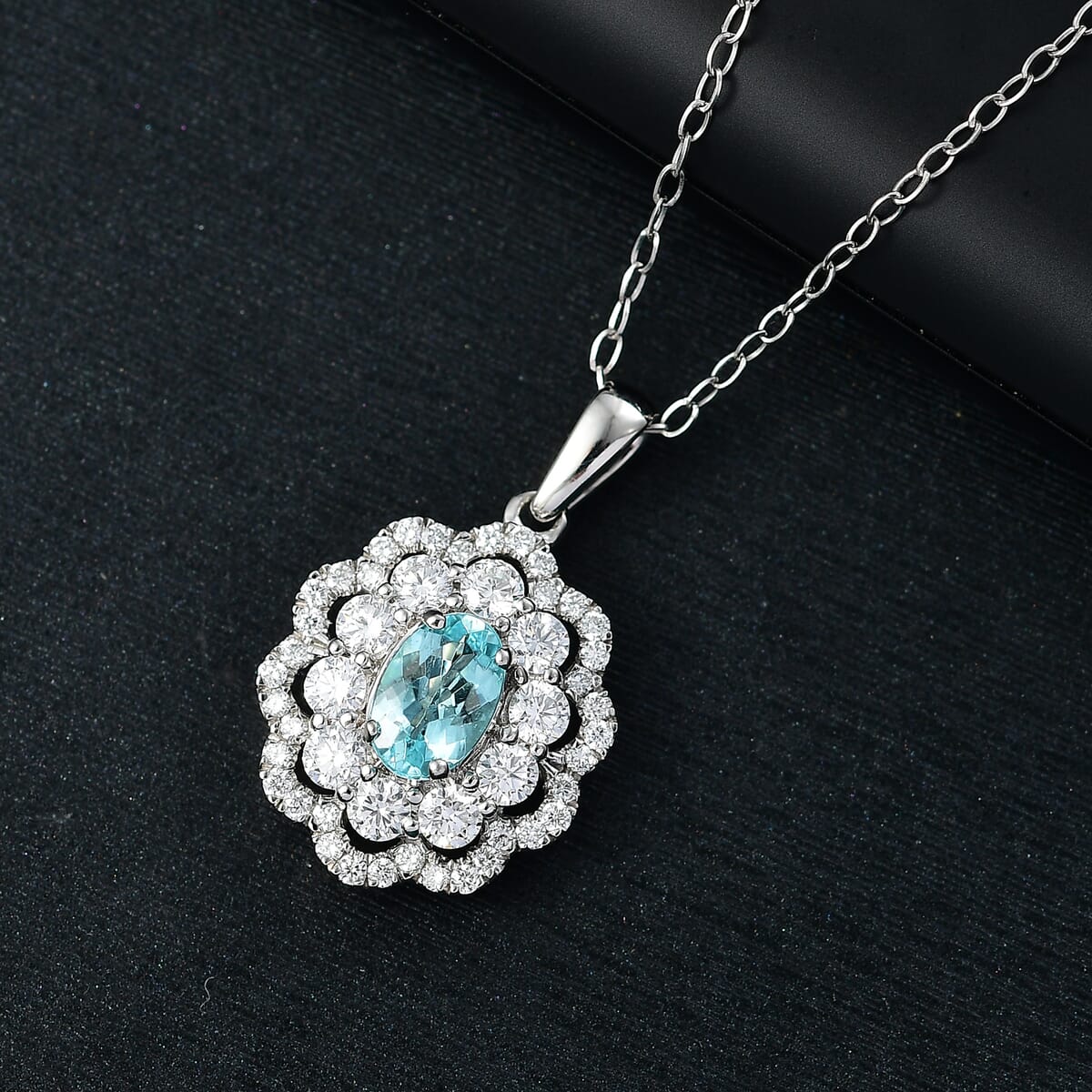 Certified & Appraised Rhapsody AAAA Paraiba Tourmaline and E-F VS2 Diamond 2.00 ctw Pendant Necklace in 950 Platinum 5.78 Grams 20 Inches (Del. in 10-12 Days)  image number 1