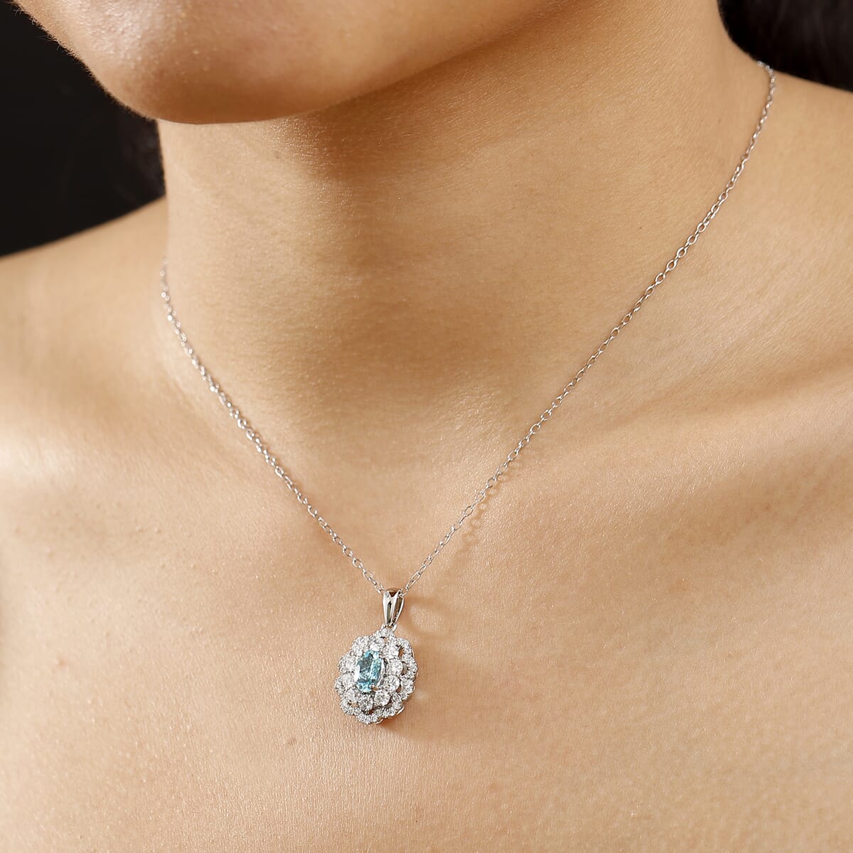 Certified & Appraised Rhapsody AAAA Paraiba Tourmaline and E-F VS2 Diamond 2.00 ctw Pendant Necklace in 950 Platinum 5.78 Grams 20 Inches (Del. in 10-12 Days)  image number 2