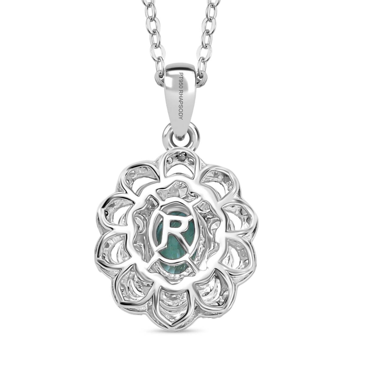 Certified & Appraised Rhapsody AAAA Paraiba Tourmaline and E-F VS2 Diamond 2.00 ctw Pendant Necklace in 950 Platinum 5.78 Grams 20 Inches (Del. in 10-12 Days)  image number 4
