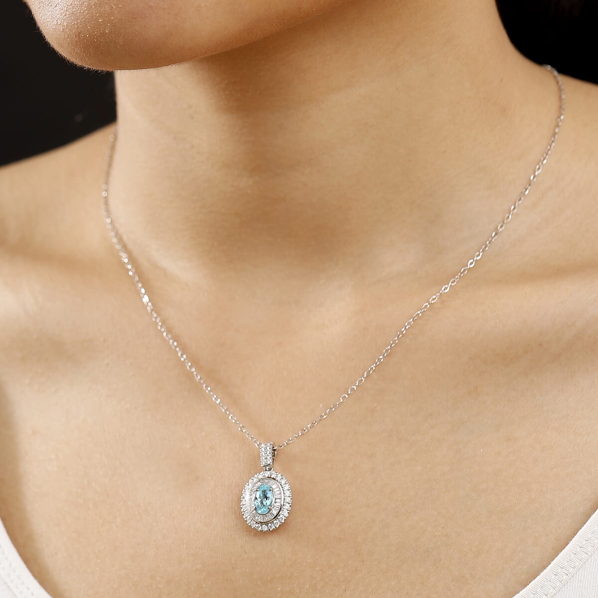 Certified & Appraised Rhapsody AAAA Paraiba Tourmaline and E-F VS2 Diamond 2.00 ctw Pendant Necklace in 950 Platinum 4.60 Grams 20 Inches image number 2
