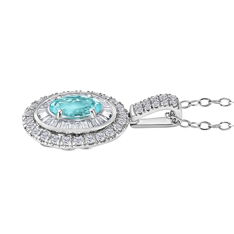 Certified & Appraised Rhapsody AAAA Paraiba Tourmaline and E-F VS2 Diamond 2.00 ctw Double Halo Pendant Necklace in 950 Platinum 4.60 Grams 20 Inches